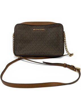 Michael Kors Crossbody Bag Brown Saffiano Leather Gold Chain Strap